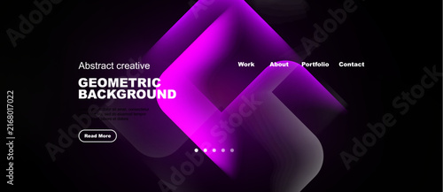 Abstract geometric design. Vibrant purple layers create dynamic background. Minimalist website mockup with navigation options.