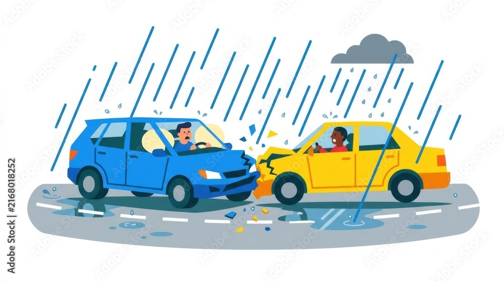 Naklejka premium Cartoon illustration of a head-on car crash on a rainy road