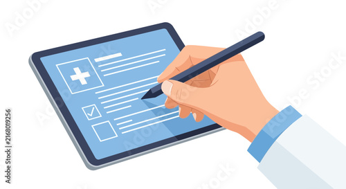 Doctor Hand Using Stylus to Fill Medical Form on Digital Tablet, Telemedicine and Electronic Health Record Concept Illustration