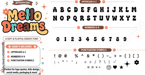 Mello Dreams retro groovy font showcasing uppercase letters numbers and symbols
