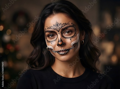 Young woman with artistic skull face paint for day of the dead celebration portrait