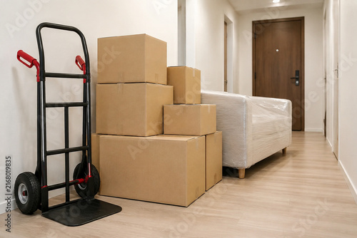 Furniture dolly and cardboard moving boxes in empty apartment hallway with wrapped sofa, moving and relocation supplies concept