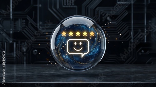 Smiley face emoji on futuristic digital screen with colorful lights and circuit pattern