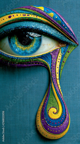 Colorful abstract dripping eye art with paint details on a blue background