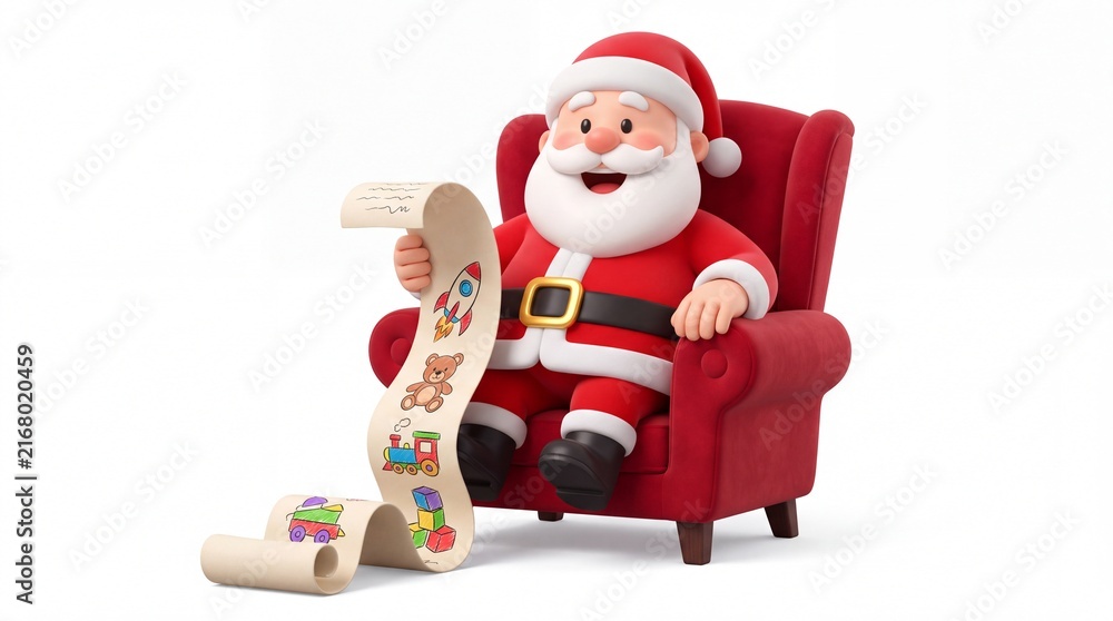Fototapeta premium 3D illustration of a Santa Claus figure seated in a red armchair, reviewing a long unrolled paper scroll list for the holidays.