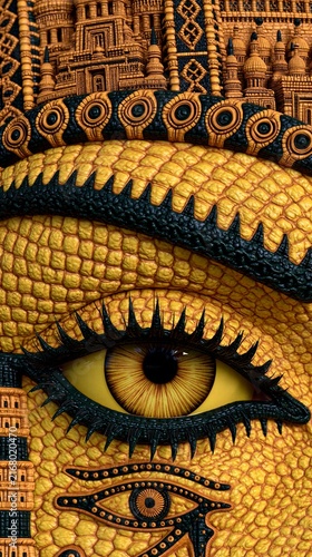 Detailed art with golden textures and patterns on a woman's face showcasing cultural symbols