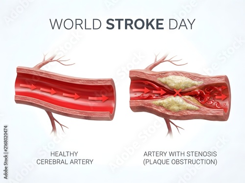 Medical illustration showing a healthy artery and a blocked artery with plaque stenosis