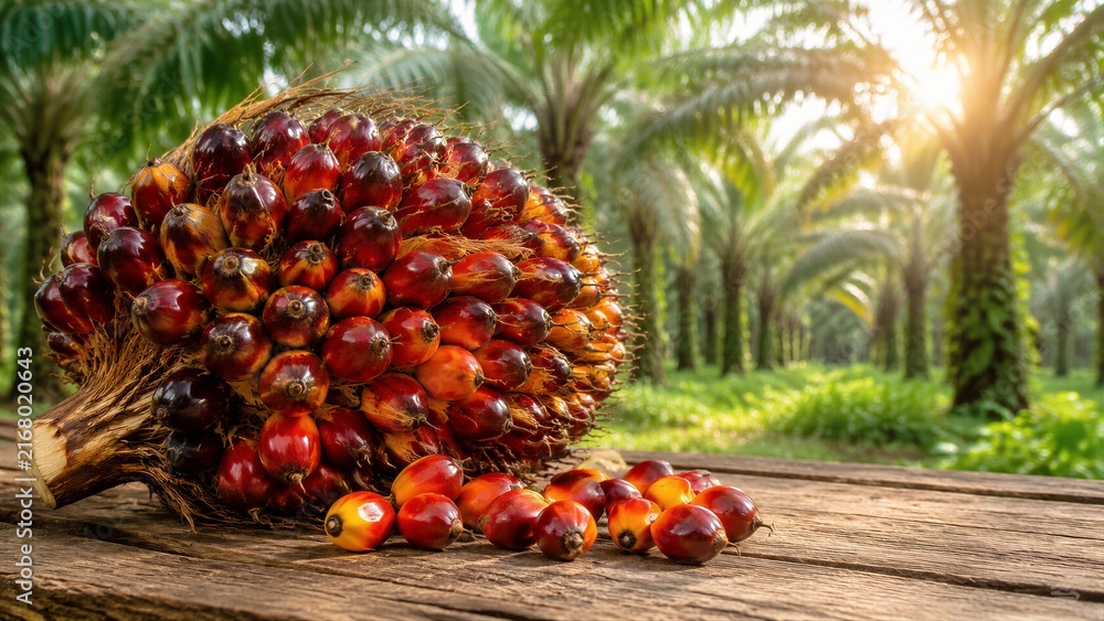 Fototapeta premium Oil palm fruit bunch placed on wooden table in plantation