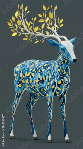 Colorful deer with tree branches and leaves stands in a simple background with blue and yellow patterns