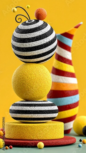 Brightly colored geometric shapes are stacked in a playful arrangement on a colorful surface texture art