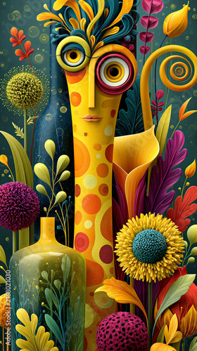 Abstract weird colorful flowers and colorful characters with vibrant shapes and patterns in a modern art style