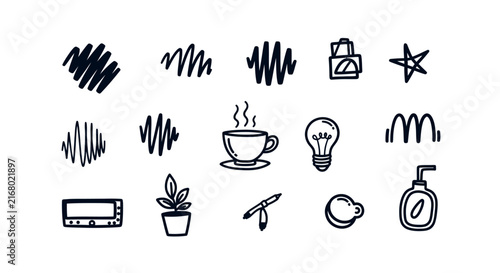 Hand Drawn Doodle Icon Set on Black Background