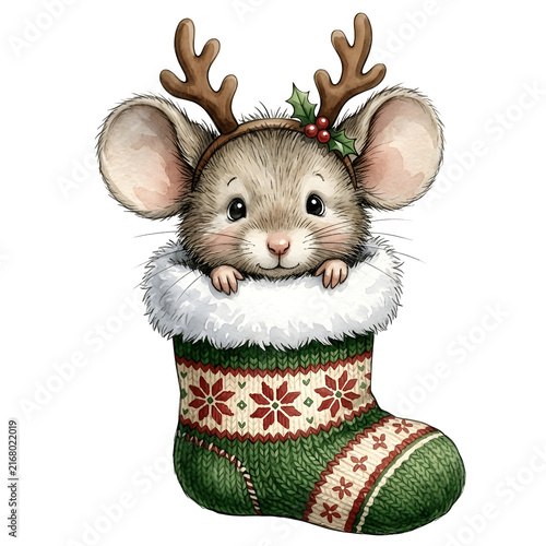 Cute christmas mouse wearing reindeer antlers peeking out from a knitted holiday stocking with christmas stocking reindeer celebration decoration