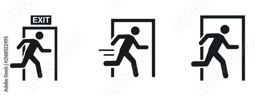 Foto Running person silhouettes with exit sign represent emergency evacuation routes