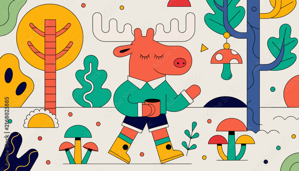 Fototapeta premium Whimsical Moose Walking in a Stylized Forest with Coffee, Autumn Vibes, Flat Design