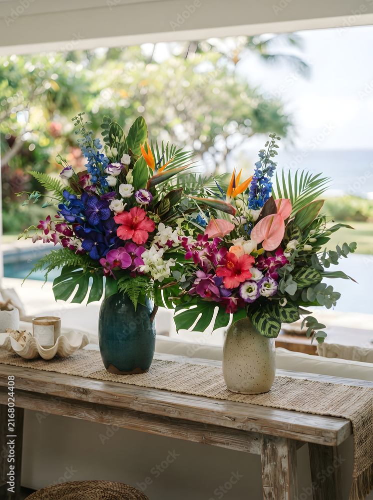 Fototapeta premium Two tropical flower arrangements in ceramic vases on wooden table for elegant summer home interior decor displays.