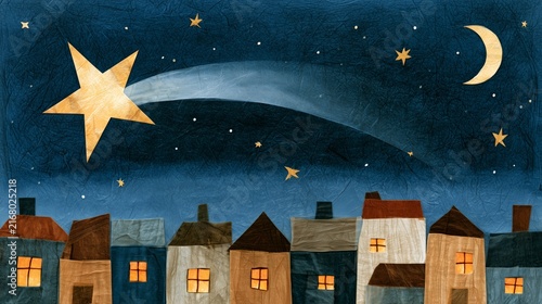 Night sky with star and moon over houses