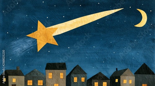 Stars shine over homes at night with a comet and crescent moon lighting up the sky
