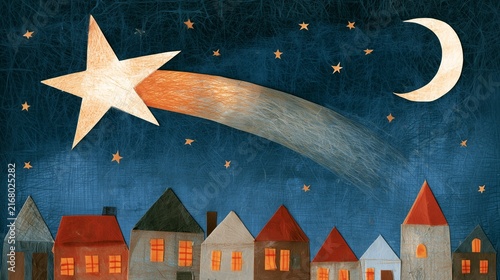Colorful star and moon over a small village at night with houses and stars