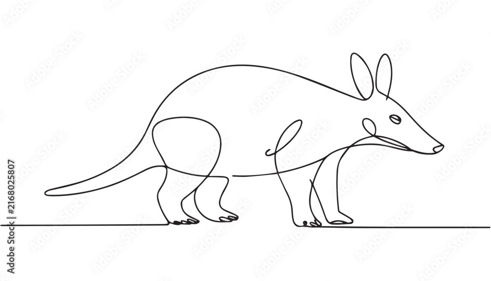 Naklejka premium Title: Continuous simple black line art drawing of a aardvark in a minimalist style on a white background.