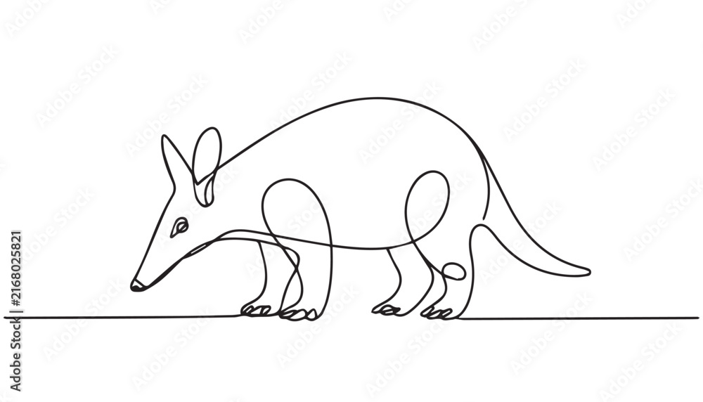 Naklejka premium Title: Continuous simple black line art drawing of a aardvark in a minimalist style on a white background.
