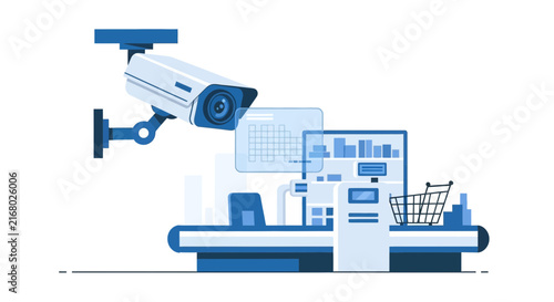 Smart CCTV Security Camera Surveillance in Retail Supermarket Checkout POS Area Vector Illustration