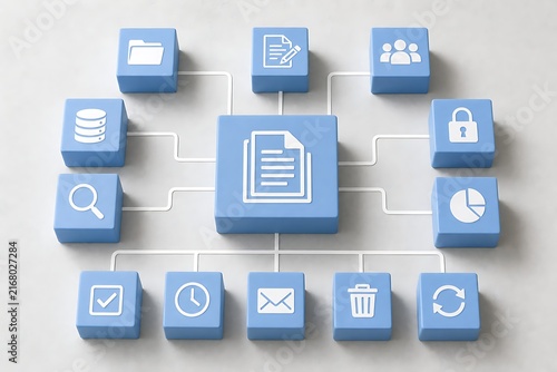 Modern blue isometric icons representing business and technology concepts