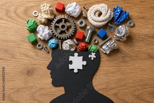 Creative idea concept with puzzle piece and mechanical parts forming a brain silhouette