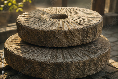 Two massive, weathered stone millstones with concentric grooves in soft morning light.