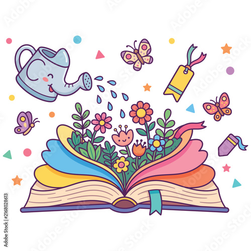 Whimsical cartoon illustration of an open book with colorful pages, vibrant flowers, and plants growing, watered by a cute watering can, surrounded by butterflies and shapes.