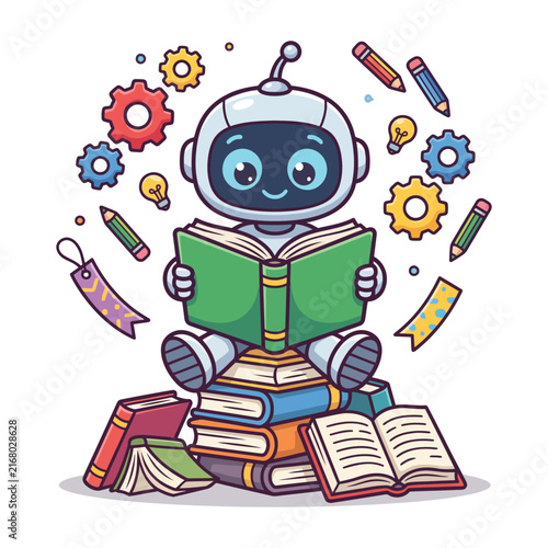 A cute cartoon robot sits on a stack of books, engrossed in reading, surrounded by educational symbols like gears, pencils, and lightbulbs, representing AI and learning.