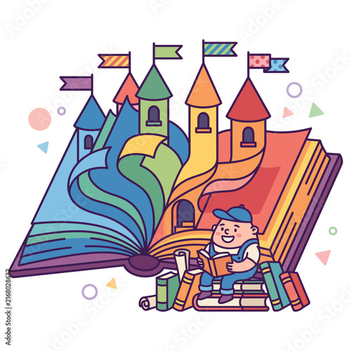 A happy boy reads a book, surrounded by stacks of books, as a magical fantasy world with colorful castles and mountains emerges from an open storybook.