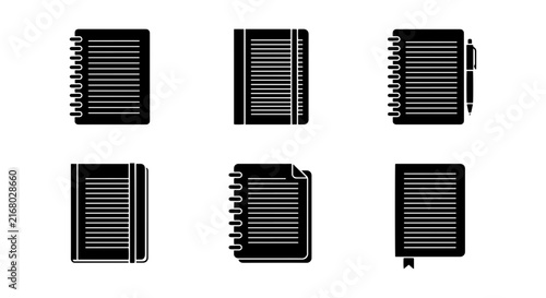 Notebook Icons Set, Journal Vector Graphics, Writing Pad Symbols, Stationery Collection