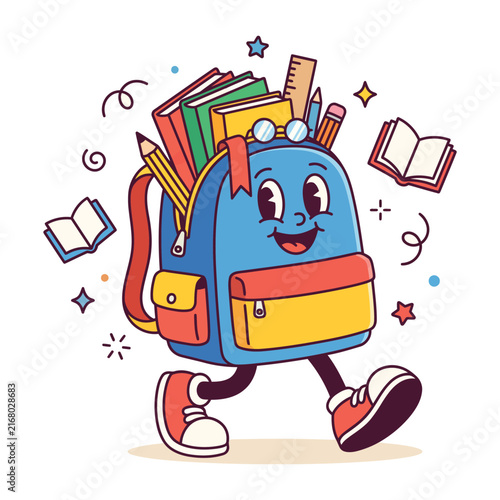 A cheerful cartoon blue backpack with a smiling face, full of school supplies like books and pencils, walking happily with red shoes, surrounded by floating books and stars.