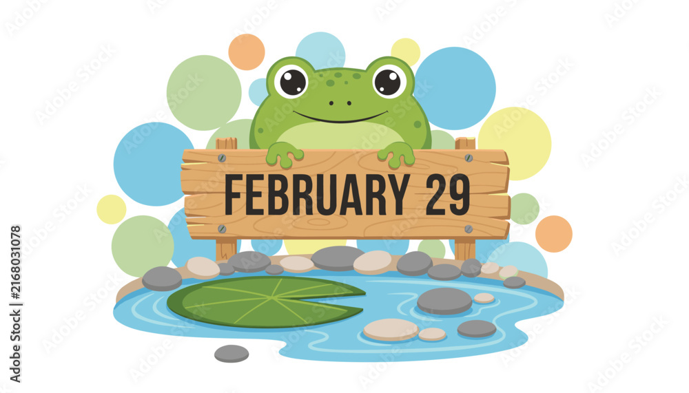 Obraz premium Cute green frog character peeking over a wooden sign reading February twenty-ninth beside a beautiful lily pad pond.