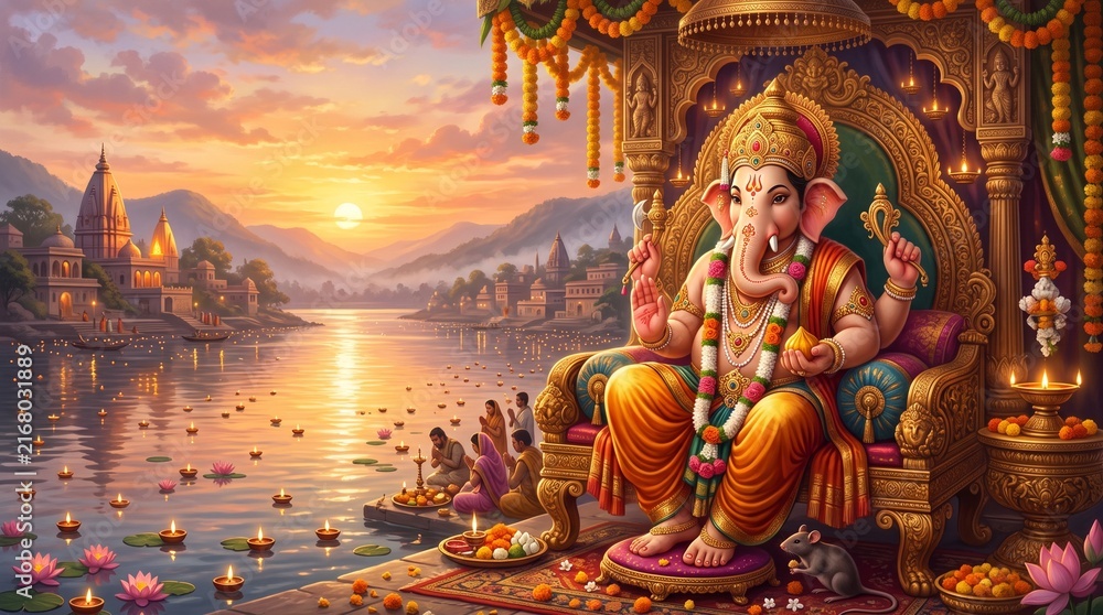 Fototapeta premium Lord ganesha sitting on a throne by the river at sunset