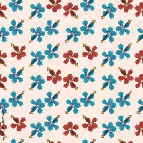 Carnation, clove. Seamless pattern.  Floral background. Decorative prints for covers, wrappings. Illustration. Collage for textile, cotton fabric, wallpaper, T-shirts, linens.