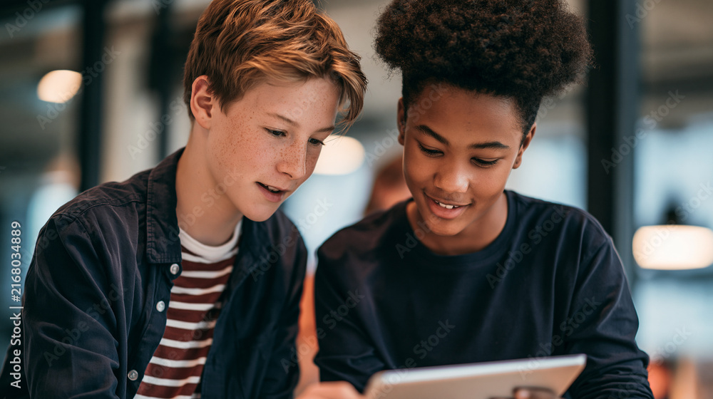 Obraz premium two boys collaborating on tablet in modern setting