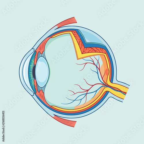 Obraz na płótnie Human eye anatomical cross section showing cornea, lens, retina, optic nerve, iris and internal structures, clear medical illustration for anatomy, ophthalmology and vision education