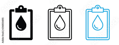 Black clipboard icon with document and water drop symbol on white background icon. Medical Clipboard Water Drop Vector Icon Set Showing Blood Test Result Report and Healthcare.