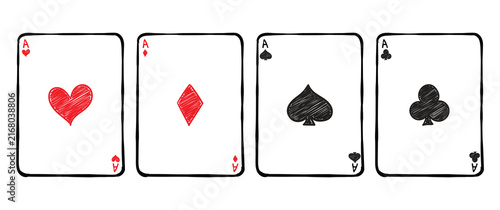 Charming hand-drawn playing cards aces of all four suits in a rustic style
