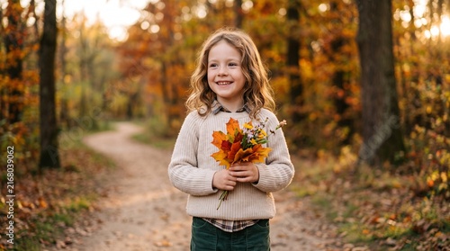 Little girl holding autumn leaves in the forest