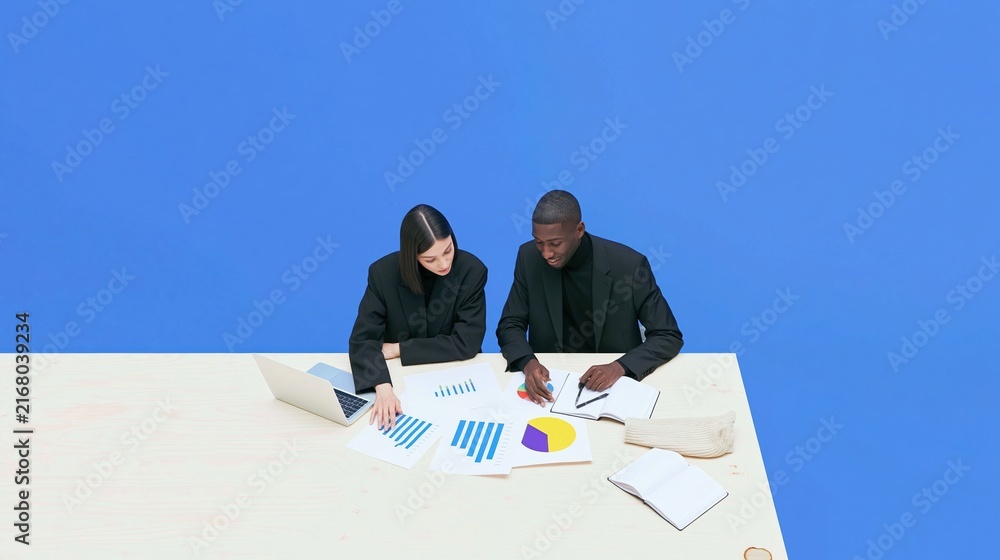 Fototapeta premium Two business professionals examining printed reports and charts on a white wooden table for data analytics and corporate decision-making, with copy space