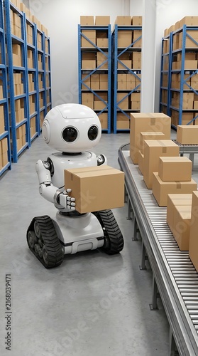 White robot with tank treads moving cardboard boxes on a conveyor belt in a large warehouse with tall metal shelving units and packages