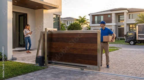Delivery driver bringing package to modern house
