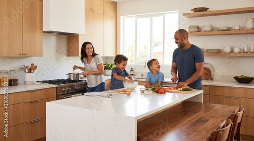 Happy family cooking together in modern kitchen