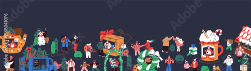 Christmas market border, festive banner design, horizontal background. Xmas a...