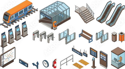 Subway station isometric vector illustration collection, public transport infrastructure, railway interior icon set