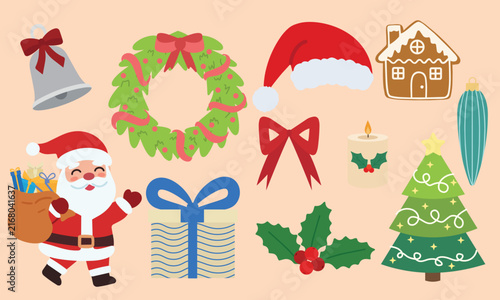 Christmas holiday decoration bundle vector illustration. Flat cartoon winter icons set with gift, wreath, bell, candle, gingerbread, and holiday character