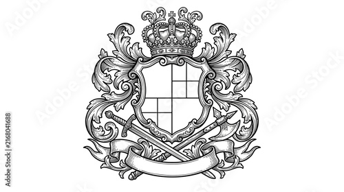 Photography Ornate Heraldic Crest with Crown, Swords, and Banner